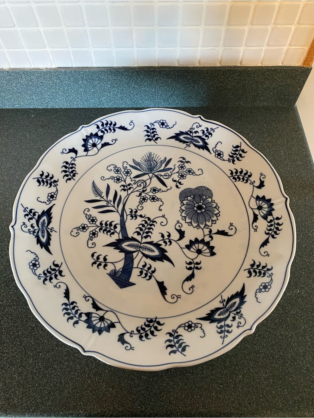 Blue & White Floral Ceramic Bowl with Center Finial